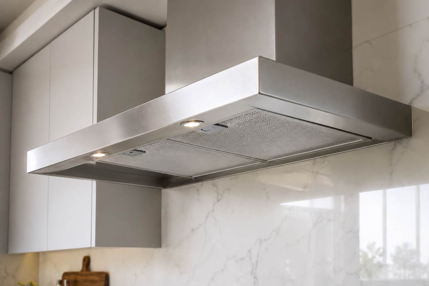 Close-up of a professionally cleaned stainless steel cooker hood and extractor filters