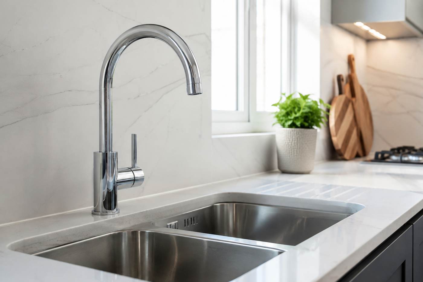 Deep-cleaned kitchen sink, tap and worktop